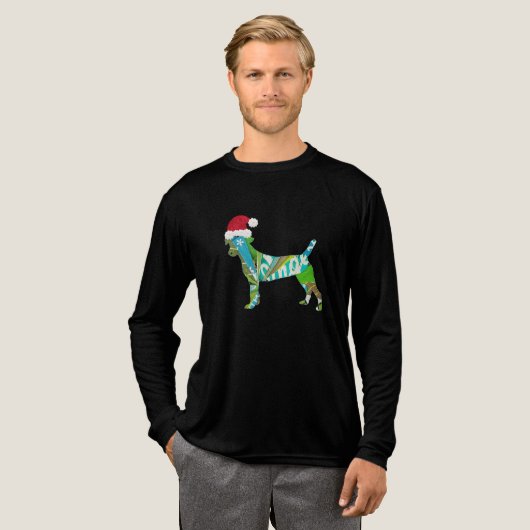 Mixed media collage art DOG PUPPY in Santa Hat トライブレンドＴシャツ (正面全体)