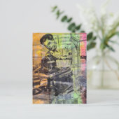 Mixed Media Collage Retro Woodworking Men  ポストカード (スタンド正面)