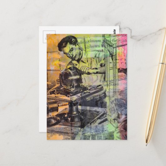Mixed Media Collage Retro Woodworking Men  ポストカード (正面/裏面インサイチュ)