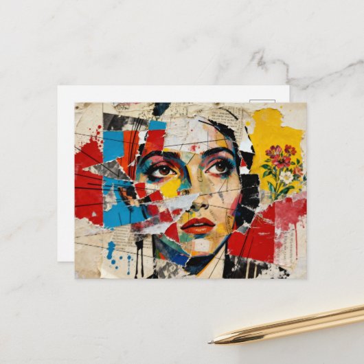 Mixed media Face and flowers Collage ポストカード (正面/裏面インサイチュ)