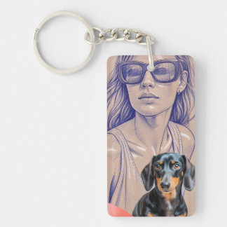 Mixed Media Illustration of a Woman and Dachshund キーホルダー