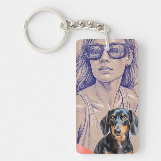 Mixed Media Illustration of a Woman and Dachshund キーホルダー (正面)
