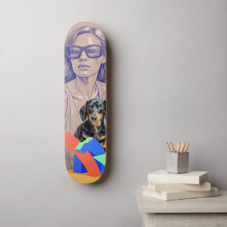 Mixed Media Illustration of a Woman and Dachshund スケートボード