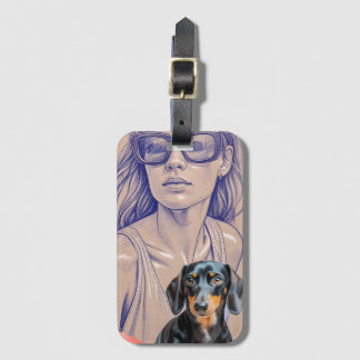 Mixed Media Illustration of a Woman and Dachshund ラゲッジタグ