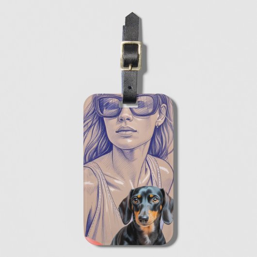 Mixed Media Illustration of a Woman and Dachshund ラゲッジタグ (正面縦)