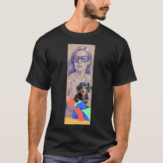 Mixed Media Illustration of a Woman and Dachshund Tシャツ