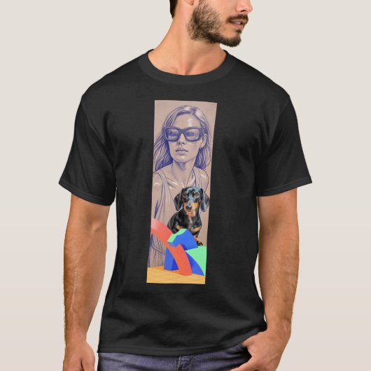 Mixed Media Illustration of a Woman and Dachshund Tシャツ (正面)