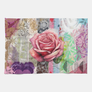 Mixed Media Rose Floral Collage Kitchen Towel キッチンタオル