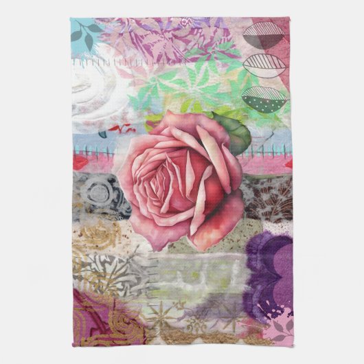 Mixed Media Rose Floral Collage Kitchen Towel キッチンタオル (縦)