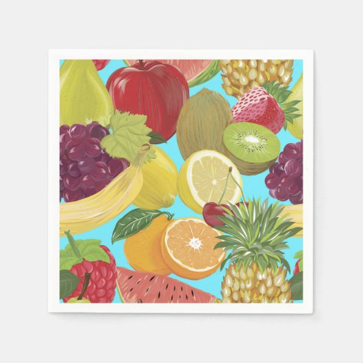 Mixed Tropical Fruit Illustration Pattern スタンダードカクテルナプキン (正面)