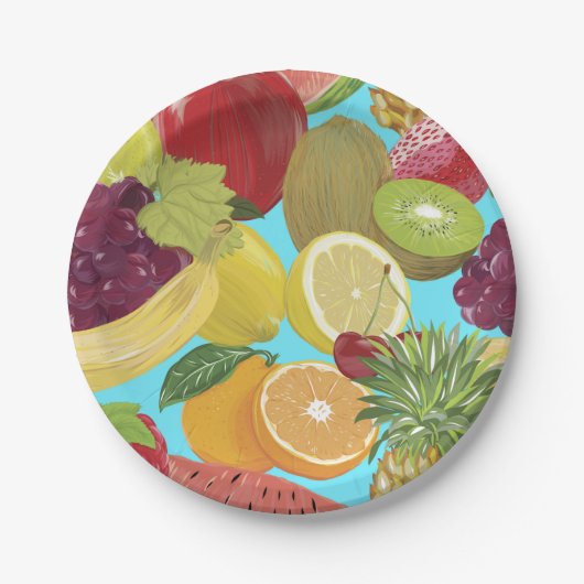 Mixed Tropical Fruit Illustration Pattern ペーパープレート (正面)