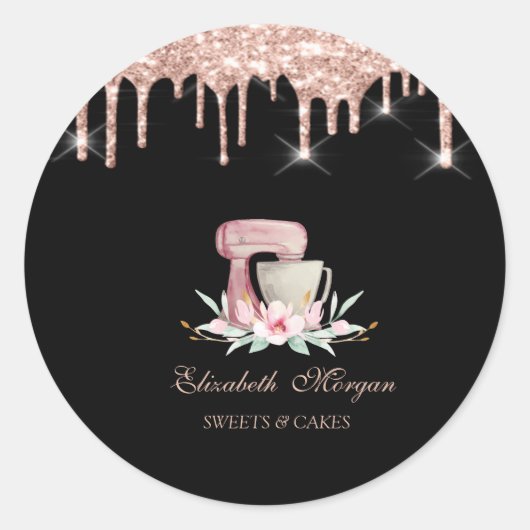 Mixer Flowers Rose Gold Drips Bakery Black ラウンドシール (正面)