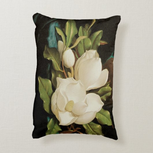 MJ Headeによる青いベルベットの布の上の巨大なマグノリアス アクセントクッション (裏面(縦))