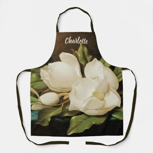 MJ Headeによる青いベルベットの布の上の巨大なマグノリアス エプロン (正面)