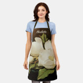 MJ Headeによる青いベルベットの布の上の巨大なマグノリアス エプロン (着用した状態)