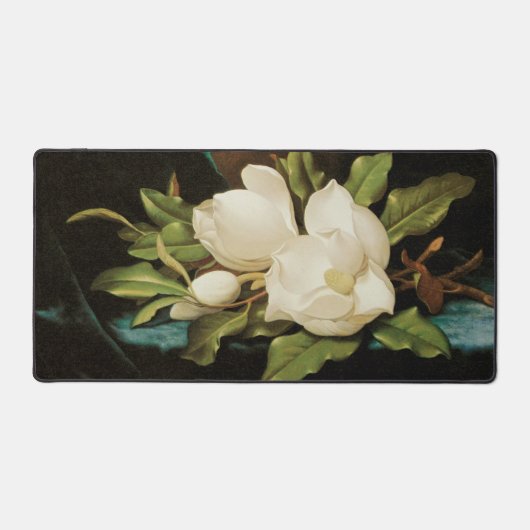 MJ Headeによる青いベルベットの布の上の巨大なマグノリアス デスクマット (正面)