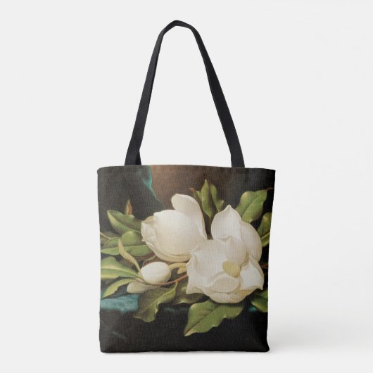 MJ Headeによる青いベルベットの布の上の巨大なマグノリアス トートバッグ (裏面)