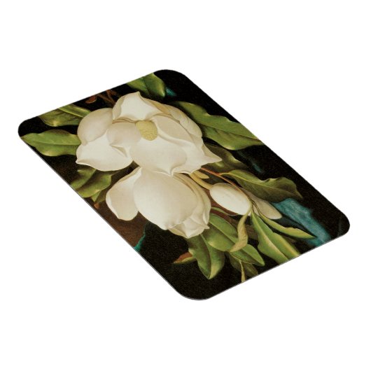 MJ Headeによる青いベルベットの布の上の巨大なマグノリアス マグネット (右側)