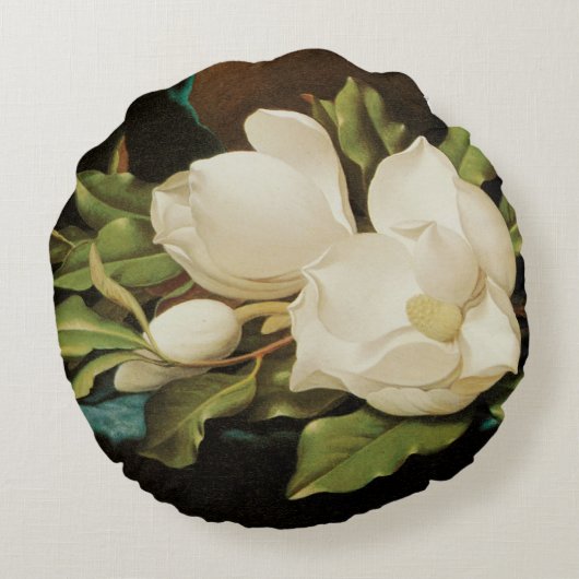 MJ Headeによる青いベルベットの布の上の巨大なマグノリアス ラウンドクッション (裏面)