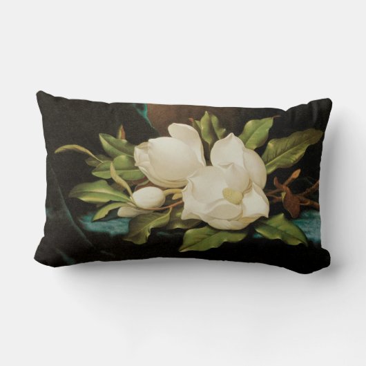 MJ Headeによる青いベルベットの布の上の巨大なマグノリアス ランバークッション (裏面)