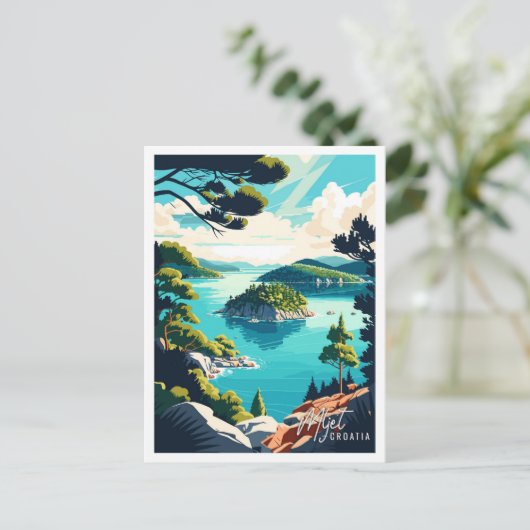 Mljetクロアチアヴィンテージ旅行イラストレーション ポストカード (スタンド正面)