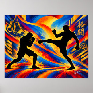 MMAファイターの蹴りと防御のシルエット ポスター