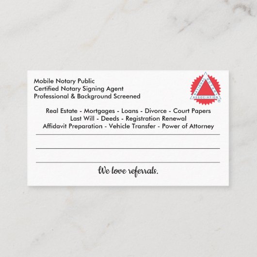 Mobile Notary Public Customizable Photo Business C 名刺 (裏面)