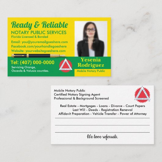 Mobile Notary Public Customizable Photo Business C 名刺 (正面/裏面)