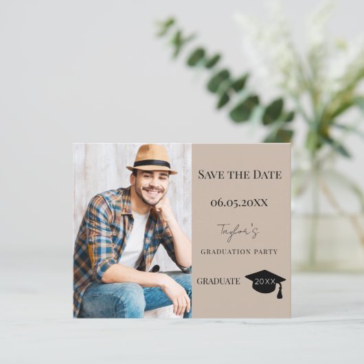 Mocha beige Graduation Party Save the Date card (スタンド正面)