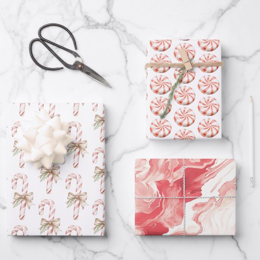 Mocha Bow Pink Candy Cane Christmas ラッピングペーパーシート (正面)