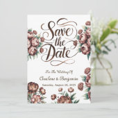 Mocha Brown 絵を描 Peony日付カードを保存 招待状 (スタンド正面)