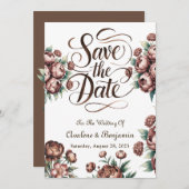 Mocha Brown 絵を描 Peony日付カードを保存 招待状 (正面/裏面)