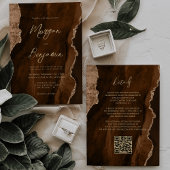 Mocha Brown Agate Gold Script QR Code Wedding 招待状