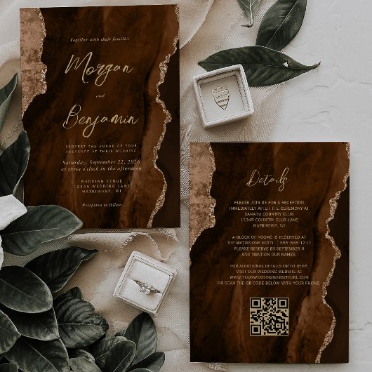 Mocha Brown Agate Gold Script QR Code Wedding 招待状