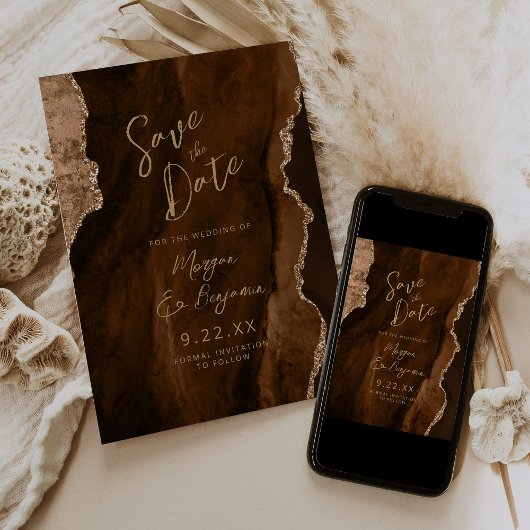 Mocha Brown Agate Script Wedding Save the Date 招待状