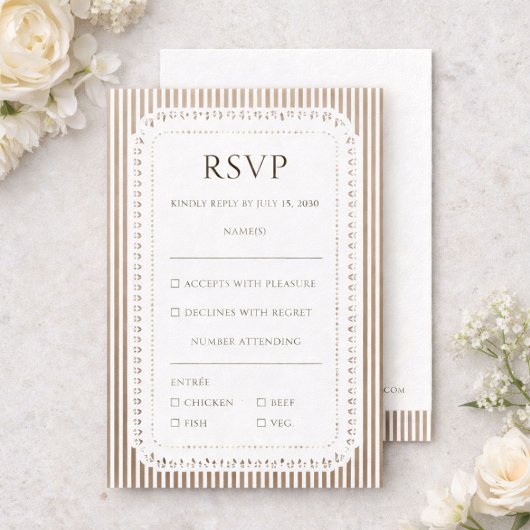 Mocha Brown French Stripe Lace Wedding RSVP エンクロージャーカード