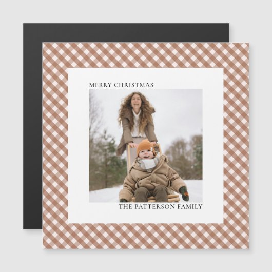 Mocha Brown Gingham Photo Magnet Christmas Card (正面/裏面)