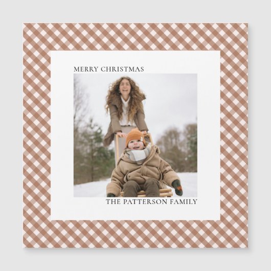 Mocha Brown Gingham Photo Magnet Christmas Card (正面)