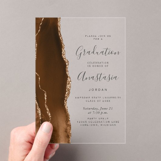 Mocha Brown Gold Agate Gray Text Graduation アクリル招待状 (インサイチュ (ポータブル))