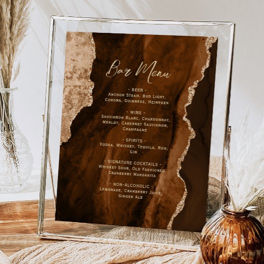 Mocha Brown Gold Agate Script Wedding Bar Menu  ポスター