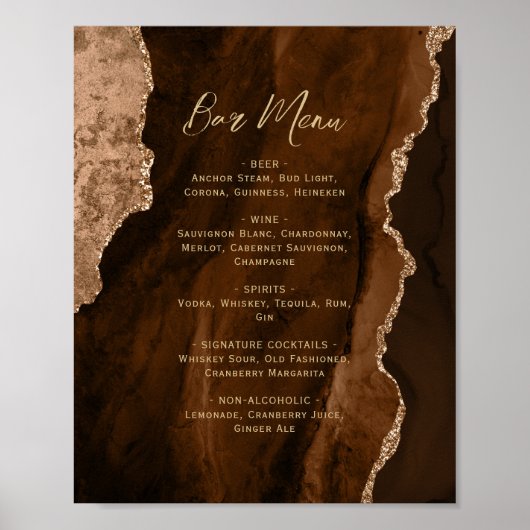 Mocha Brown Gold Agate Script Wedding Bar Menu  ポスター (正面)