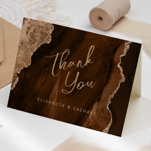 Mocha Brown Gold Agate Script Wedding Thank You カード