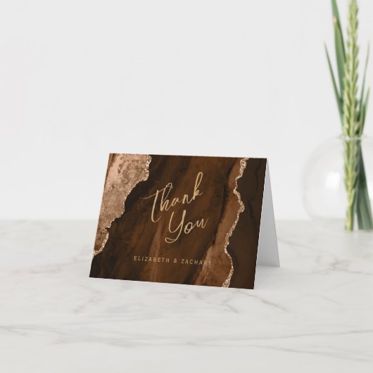 Mocha Brown Gold Agate Script Wedding Thank You カード (正面)