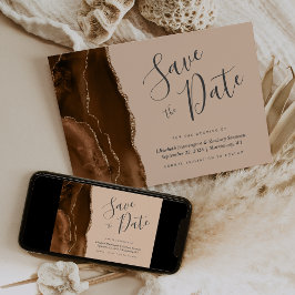 Mocha Brown Gold Agate Tan Save the Date Card 招待状