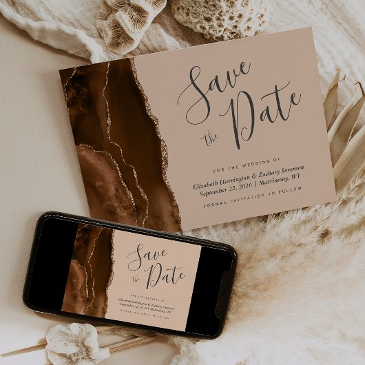 Mocha Brown Gold Agate Tan Save the Date Card 招待状