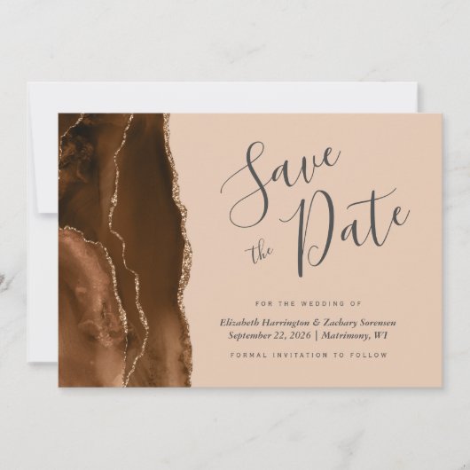 Mocha Brown Gold Agate Tan Save the Date Card 招待状 (正面)