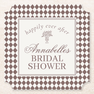 Mocha Brown Harlequin Checkered Bridal Shower ペーパーコースター