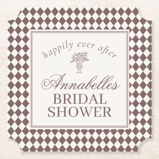 Mocha Brown Harlequin Checkered Bridal Shower ペーパーコースター (正面)