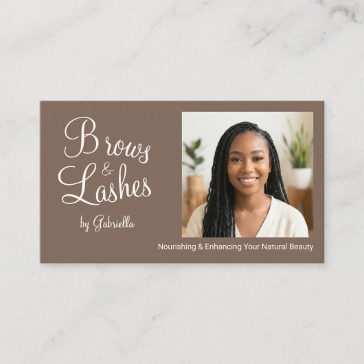 Mocha Brown Script Photo QR Code Brows and Lashes 名刺 (正面)