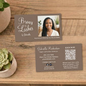 Mocha Brown Script Photo QR Code Brows and Lashes 名刺